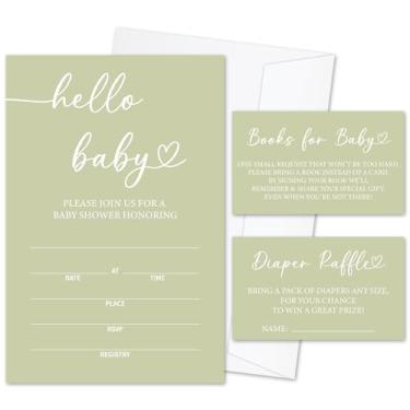Imagem de Hello Baby - Conjunto de convites de chá de bebê para meninos e meninas, 25 conjuntos de convites com envelopes sorteio de fraldas e cartões de solicitação de livro para anúncio de bebê, suprimentos