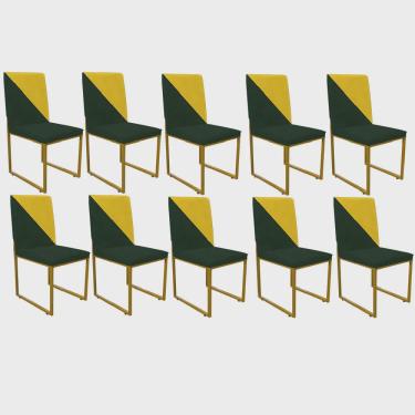 Imagem de Kit 10 Cadeira Office Stan Duo Sala de Jantar Industrial Ferro Dourado Suede Verde e Amarelo - Ahz Móveis