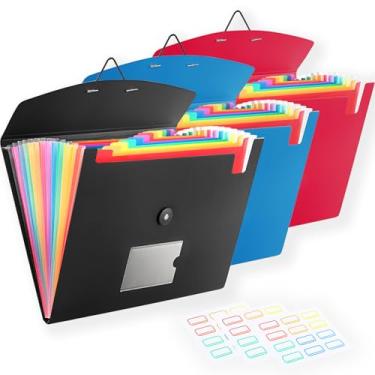 Imagem de Pacote com 3 organizadores de arquivos sanfonados com fecho elástico, pasta de arquivo expansível de 13 bolsos para papéis tamanho carta A4, ideal para casa, material de escritório, itens essenciais