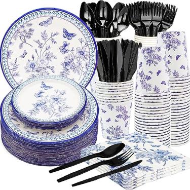Imagem de HSPAIDYP Conjunto De 175 Peças Suprimentos Para Festa Floral Azul E Branco, Prato Jantar Branco 9 Polegadas, Sobremesa 7 Guardanapos, Copos, Facas, Garfos Colheres Chá Panela, Casamento, Chá, Aniver