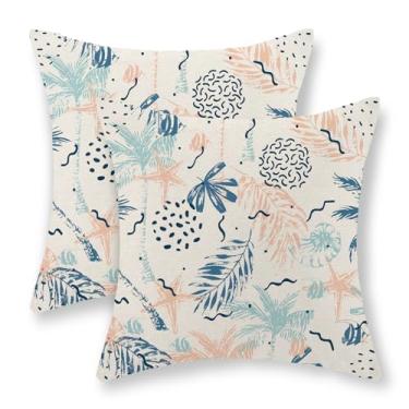 Imagem de Conjunto de 2 capas de almofada de verão 45,7 x 45,7 cm (45,7 x 45.7 cm) com concha tropical azul laranja tropical estrela do mar folha de palmeira arte botânica decorativa fronha de linho capa de