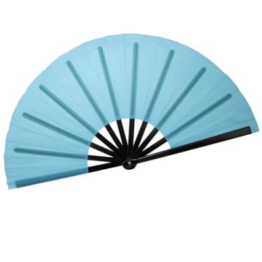 Imagem de QIRMIZI Grande leque dobrável de mão - Fãs de tecido de nylon - Fãs retrô vintage para kung fu chinês japonês, tai chi, dança, festivais de música, festas e decorações, azul claro