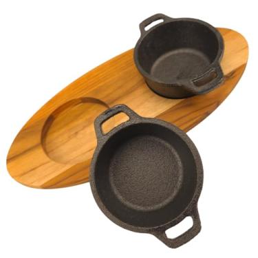 Imagem de Kit Molho panela de ferro com base de madeira rústica