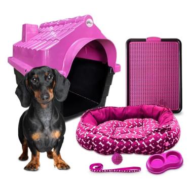 Imagem de Kit House Casinha Caminha Sanitario Comedouro Bolinha Coleira Cachorro Gato Pequeno (Rosa)