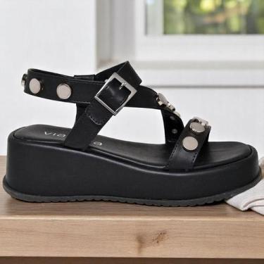 Imagem de Sandália Feminina Salto Anabela De Couro Com Spikes Estilo Blogueiras 