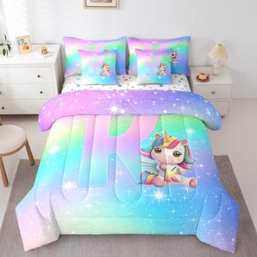 Imagem de Feelyou Conjunto de edredom infantil de unicórnio fofo com lençol solteiro, com inicial K, 7 peças, letras do alfabeto, presente com monograma, 7 peças
