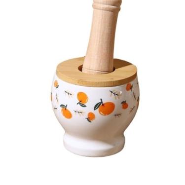 Imagem de Tigela Moedora Pounder de alho cerâmico de alta temperatura, uso doméstico, argamassa de madeira e pilão, conjunto de moagem manual de cozinha, moedor de ervas Moedor Triturador