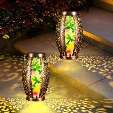 Imagem de OUISJYER Lanterna Solar 2 Peças, À Prova D'Água, De Vidro E Metal, Para Decoração Jardim, Presentes Mulheres, Mães Avós, Grande Luminária Mesa Suspensa Quintal, Pátio, Varanda (Beija-Flor)