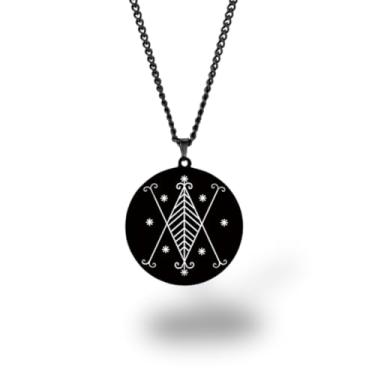 Imagem de Colar Vevê Vodu – Pingente com Símbolos dos Lwas em Aço Inoxidável (Prata, Ouro ou Preto) • Amuleto Espiritual Afro-Caribenho de Proteção, Magia e Fé (Ayizan Velekete, Preto)