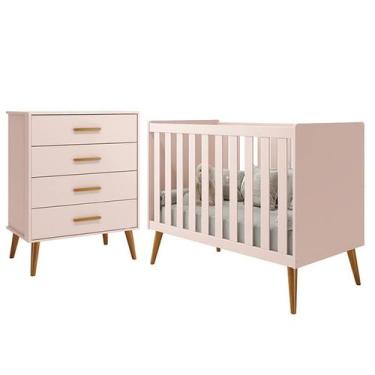 Imagem de Jogo de Quarto Infantil Isis Cômoda 4 Gavetas e Berço Rosa - Reller Mó