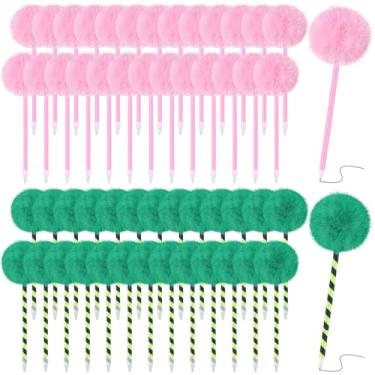 Imagem de Sayglossy Conjunto de 80 canetas esferográficas pompom rosa e verde, presente de princesa, lembrancinhas de festa, fofas, bolas fofas, artigos de papelaria de pelúcia para escritório, escola, Natal