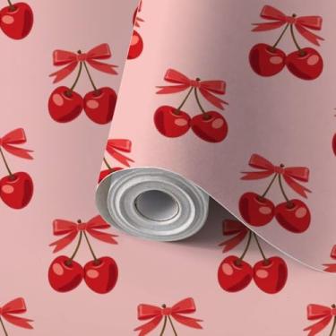Imagem de Papel de parede autoadesivo de parede mural sem costura adorável cereja casal laço rosa bonito papel de contato papel de parede amigável para cozinha, berçário, quarto 45 x 299 cm
