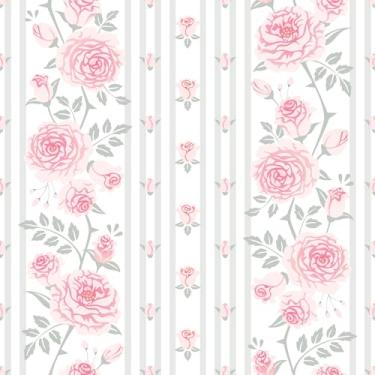 Imagem de Papel De Parede Adesivo Lavável Rosa Listra Ramo Floral 3m