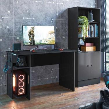 Imagem de Mesa p/ escritório e gamer preto fosco (3875.37) + armario gamer preto