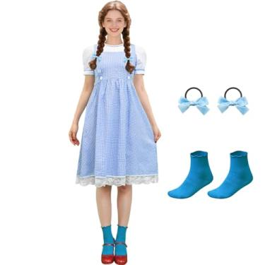 Imagem de Prebene Vestido feminino de Halloween, saia xadrez azul para fantasias de personagens de livro de histórias, vestido guingão, roupa feminina de Halloween (M)