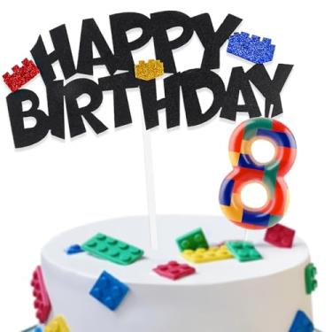 Imagem de Building Block Cake Decorations with Happy 8th Birthday Cake Toppers and Birthday Candles Number 8, Building Block Birthday Party Deco for Kids