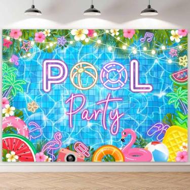 Imagem de Sensfun Pano de fundo para festa na piscina, decoração de festa para piscina, decoração tropical, palmeira, praia, verão, aniversário, chá de bebê, bolo, banner, suprimentos para cabine fotográfica