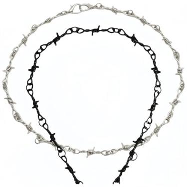 Imagem de Joddfly Colar de corrente de arame farpado, estilo hip-hop punk rock, preto e prata, pacote com 2, Standard size, Liga de aço, Sem Pedra Preciosa