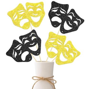 Imagem de Máscara teatral Toppers de mesa com glitter comédia filme noite tema festa centro de mesa palitos para decoração de festa de aniversário tema festival de cinema (preto dourado)
