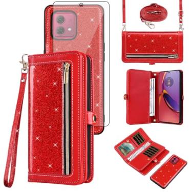Imagem de Asuwish Capa de celular para Motorola Moto G84 5G Carteira com zíper destacável com protetor de tela de vidro temperado, alça transversal com cordão com glitter, compartimento para cartão G 84 2023