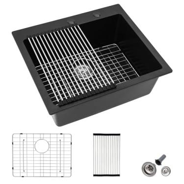 Imagem de Fulorni Pia de cozinha composta de granito 63,5 x 55,88 cm – Preto fosco Drop In Topmount granito quartzo clássico acima do balcão pia pia pia bacia