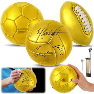 Imagem de WinnerWhy Conjunto de 3 peças de bolas esportivas autografadas douradas inclui tamanho oficial 2 futebol vôlei tamanho 1 mini bolas de troféu de futebol com bomba de ar para troféus, aniversário