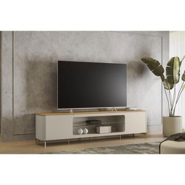 Imagem de Rack Bancada p/ TV até 85 Pol Santorini c/ 2 Portas 1 Prateleira de Vidro e 2 Nicho 239cm Tauari/Off White Fosco - Linea Brasil