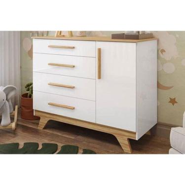 Imagem de Cômoda Infantil Retrô c/ 1 Porta e 4 Gavetas Branco/Amendoa - Peroba