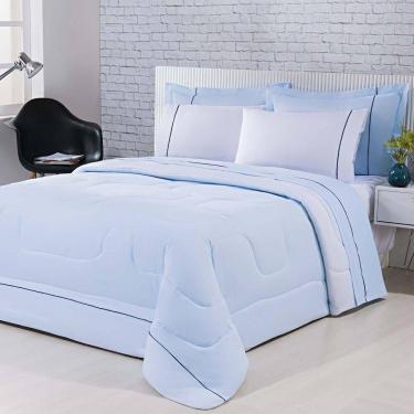 Imagem de Kit Edredom 100% Algodão Percal 150 Fios Dupla Face Solteiro + Jogo De Cama 5 Peças - Azul-branco