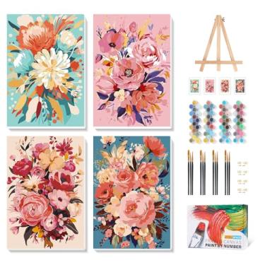 Imagem de Kit de pintura emoldurada por números para adultos iniciantes com cavalete de madeira, pintura de flores por números com moldura, kits de pintura de flores para adultos por números em tela emoldurada
