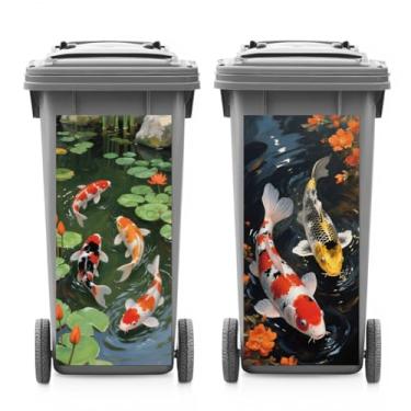 Imagem de ANATTASOUL 2 folhas de adesivos de caixote de lixo impermeável Koi e folha de lótus decoração de caixote do lixo, adesivo grande de 37,8 cm x 81,8 cm para lixeiras, geladeira, parede externa