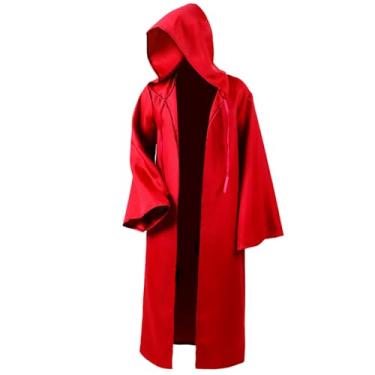 Imagem de Maklulu Túnica masculina com capuz manto cavaleiro fantasia legal cosplay fantasia de Halloween túnica com capuz roupão cosplay capas, Adulto-vermelho, Adult-XX-Large