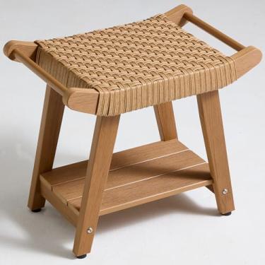 Imagem de JemKelly Banco de chuveiro de vime com prateleira de armazenamento, banco de chuveiro de plástico de poliéster para barbear as pernas, cadeira confortável para banheiro de spa, resistente ao clima