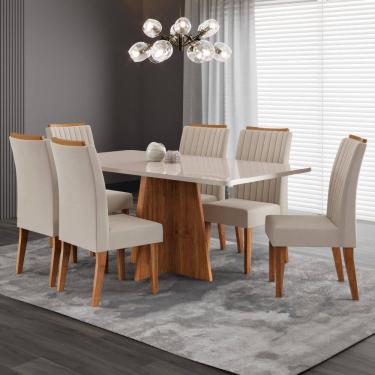 Imagem de Conjunto de Sala de Jantar 160x77,8cm Tampo com Vidro e 6 Cadeiras Tannat Mel / Off White / Bege