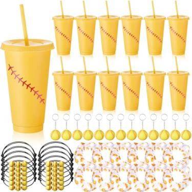 Imagem de FoldTier Conjunto de 48 peças para presentes de times de softball, lembrancinhas de softball, incluindo copo de plástico com tampa e chaveiro de palha, pulseiras de cabelo para acessórios de times