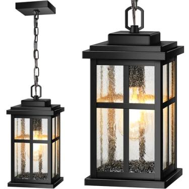 Imagem de VIANIS Luminárias pendentes grandes para ambientes externos, lustre externo preto moderno para varanda com corrente ajustável, alumínio fundido à prova d'água para varanda para porta com vidro