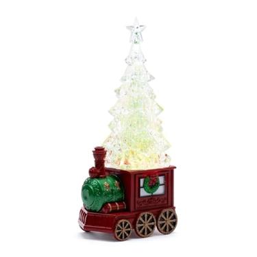 Imagem de Napco Encantadora locomotiva festiva clássica de trem de árvore de Natal iluminada com árvore brilhante 29 cm de altura acrílico LED decoração de mesa