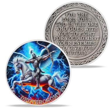 Imagem de Angelic Knights in Armor Prayer Christian Challenge Coin with Riding on White Horses, Religious Coin Christian Tokens Coins Quote Deuteronomy 20:4, God be with You Christian Gifts Coins