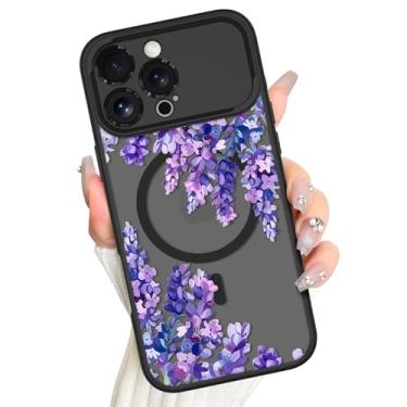 Imagem de AIGOMARA Capa magnética para iPhone 16 Pro Max, compatível com Magsafe, design floral de flor de lavanda roxa fofa para mulheres e meninas, capa de telefone fina translúcida fosca para janela grande