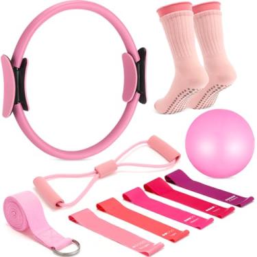 Imagem de Silipull Conjunto de 6 anéis e bolas de Pilates Kit Essencial para Mulheres 35,5 cm Círculo Yoga Exercício Bola 5 Faixas de Resistência Esticar Treino em Casa Equipamento de Pilates para Iniciantes em