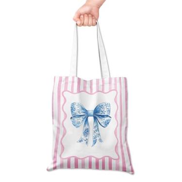 Imagem de Grace Yonks Sacola de lona fofa com laço chinês azul – Bolsa de presente estética de fita vintage com moldura listrada rosa para mulheres, sacola reutilizável estilo cottagecore floral, 40,6 x 35,5 cm