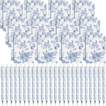 Imagem de Engrowtic Conjunto de 24 cadernos florais azuis e brancos com canetas esferográficas, mini blocos de notas em massa, canetas de gel, chinoiserie e estéticas, diários pequenos para festas, escola