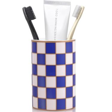 Imagem de Suporte de escova de dentes de banheiro xadrez, suporte de escova de dentes de cerâmica preto e branco de banheiro, caixa de escova de dentes moderna, usado para rack de armazenamento de bancada de