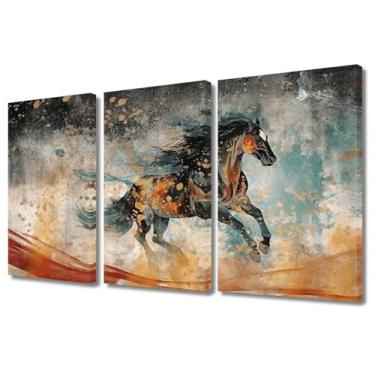 Imagem de TUMOVO Retrato de cavalo selvagem preto marrom animal moderno impressão arte abstrata lona textura pôster decoração de parede pinturas de imagem para sala de estar quarto banheiro decoração 3 painéis