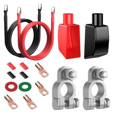Imagem de Conectores de terminal de bateria, veículo marítimo positivo negativo resistente, com cabo 4 AWG, 4 terminais de cobre de calibre 2, 4 tubos termorretráteis, 2 tampas de terminal