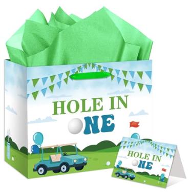 Imagem de Buraco em um saco de presente buraco em um aniversário decorações grande golfe primeira festa lembrancinhas saco com papel de seda e cartão para meninos e meninas 1º aniversário, chás de bebê, tema de