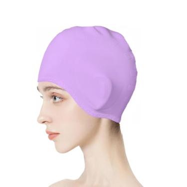 Imagem de VANOLU Touca de natação de silicone para cabelos longos, mulheres e homens, proteção de ouvido 3D, touca de natação antiderrapante à prova d'água para adultos e adolescentes (roxa)