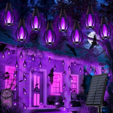Imagem de iBaycon Luzes solares de Halloween à prova d'água, 15 lâmpadas de LED cintilantes com cordão de luz para jardim, quintal, pátio, decorações de Halloween (Roxo)
