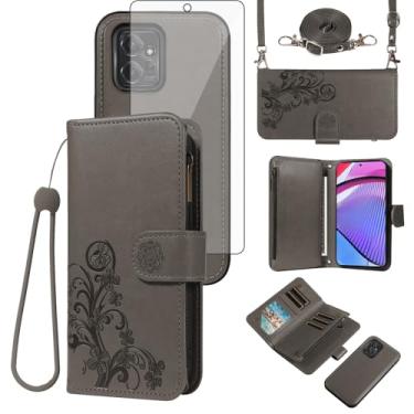 Imagem de Asuwish Capa de celular para Motorola Moto G Power 5G 2023 com zíper carteira magnética destacável com protetor de tela de vidro temperado, alça transversal, suporte de cartão de flores GPower G5