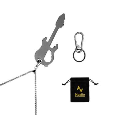 Imagem de Musiin Colar abridor de garrafa em formato de guitarra com corrente de prata de 50 cm e chaveiro de metal, design multifuncional com abridor, chave hexagonal e régua, ideal para amantes de música